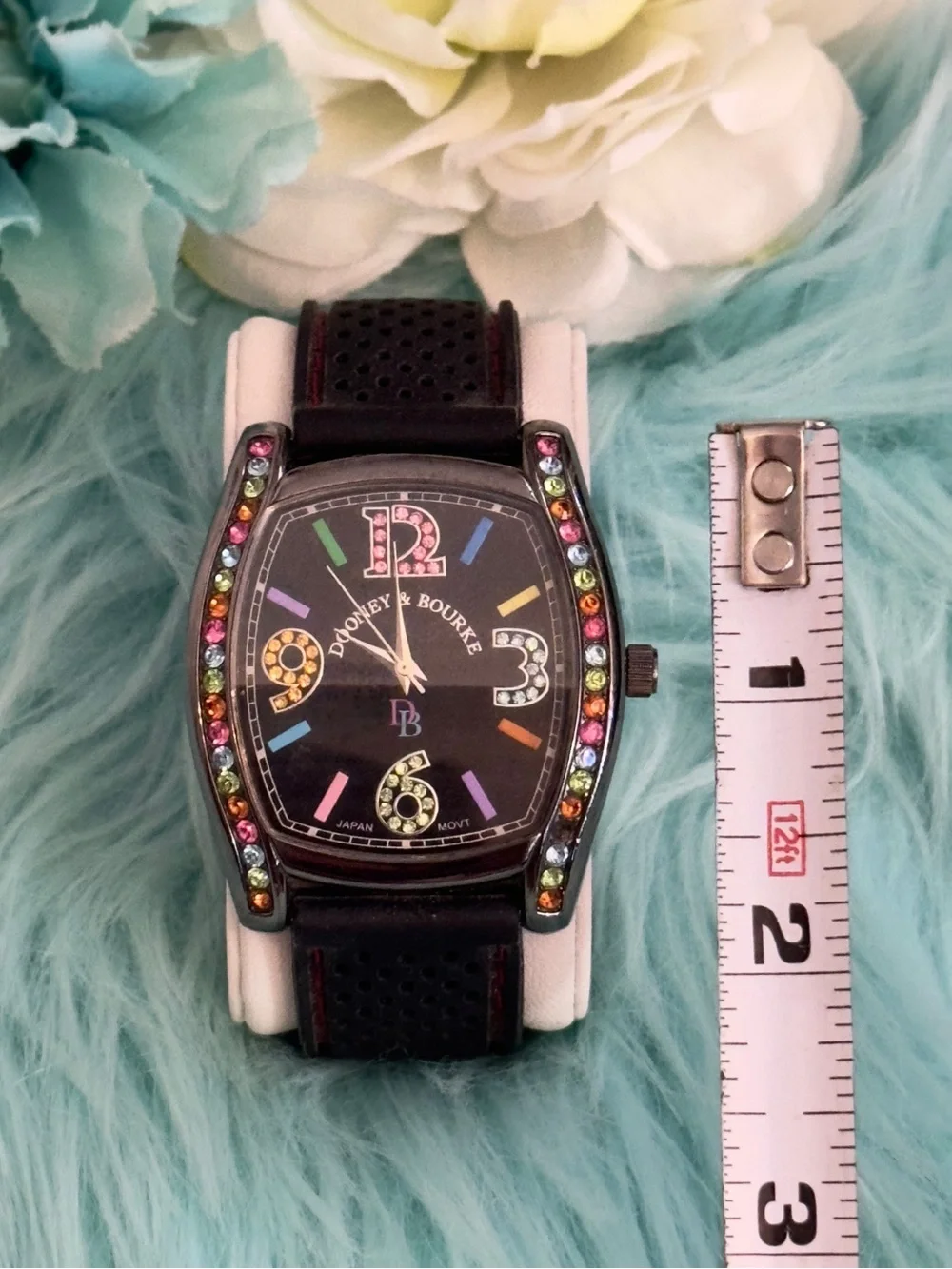 Dooney & Bourke Black Strap Watch with Multicolor Crystal Accents